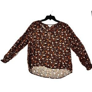 Knox Rose Women’s Medium Floral Blouse Black Orange Yellow Boho Rayon Long Sleev